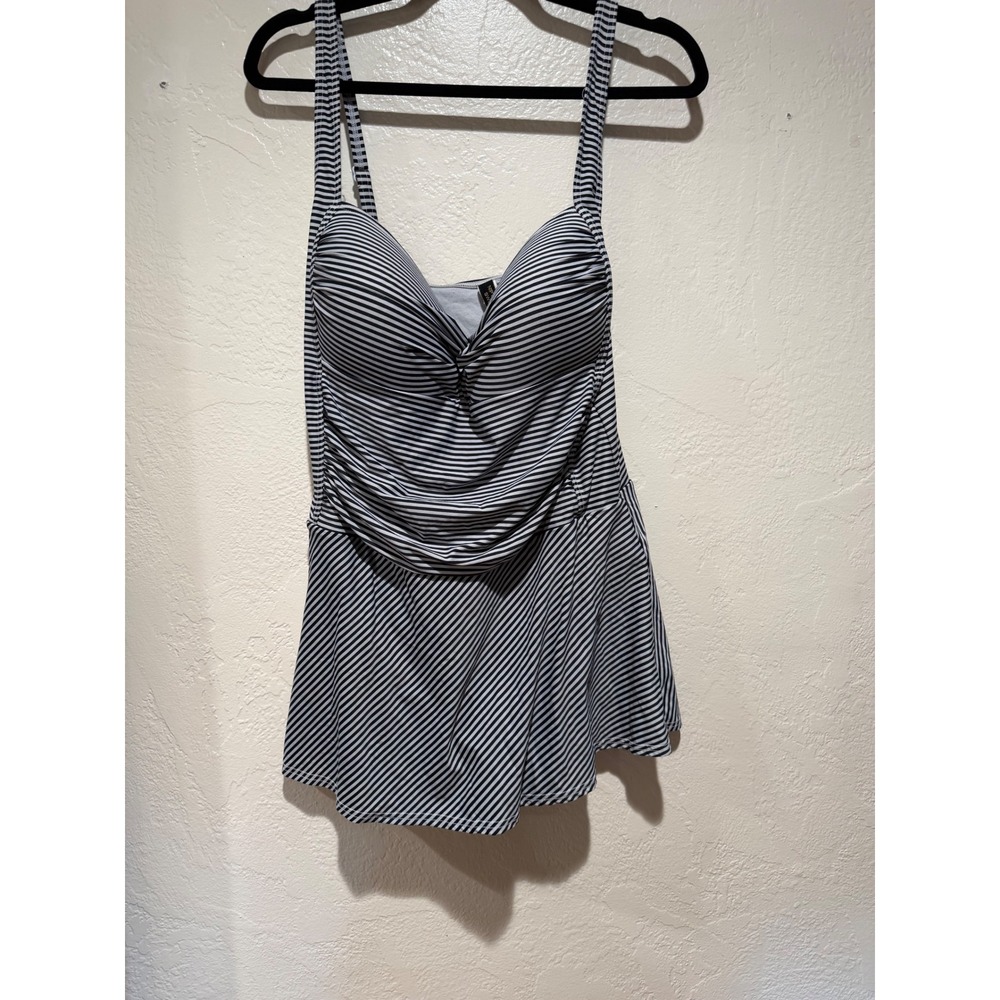 Niptuck Swim Black White Striped Ruched Swim Dress‎ One Piece Tummy Control 14